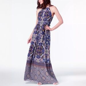 I.N.C. Blue/Brown Tie-Back Halter Maxi Dress - Size 8
